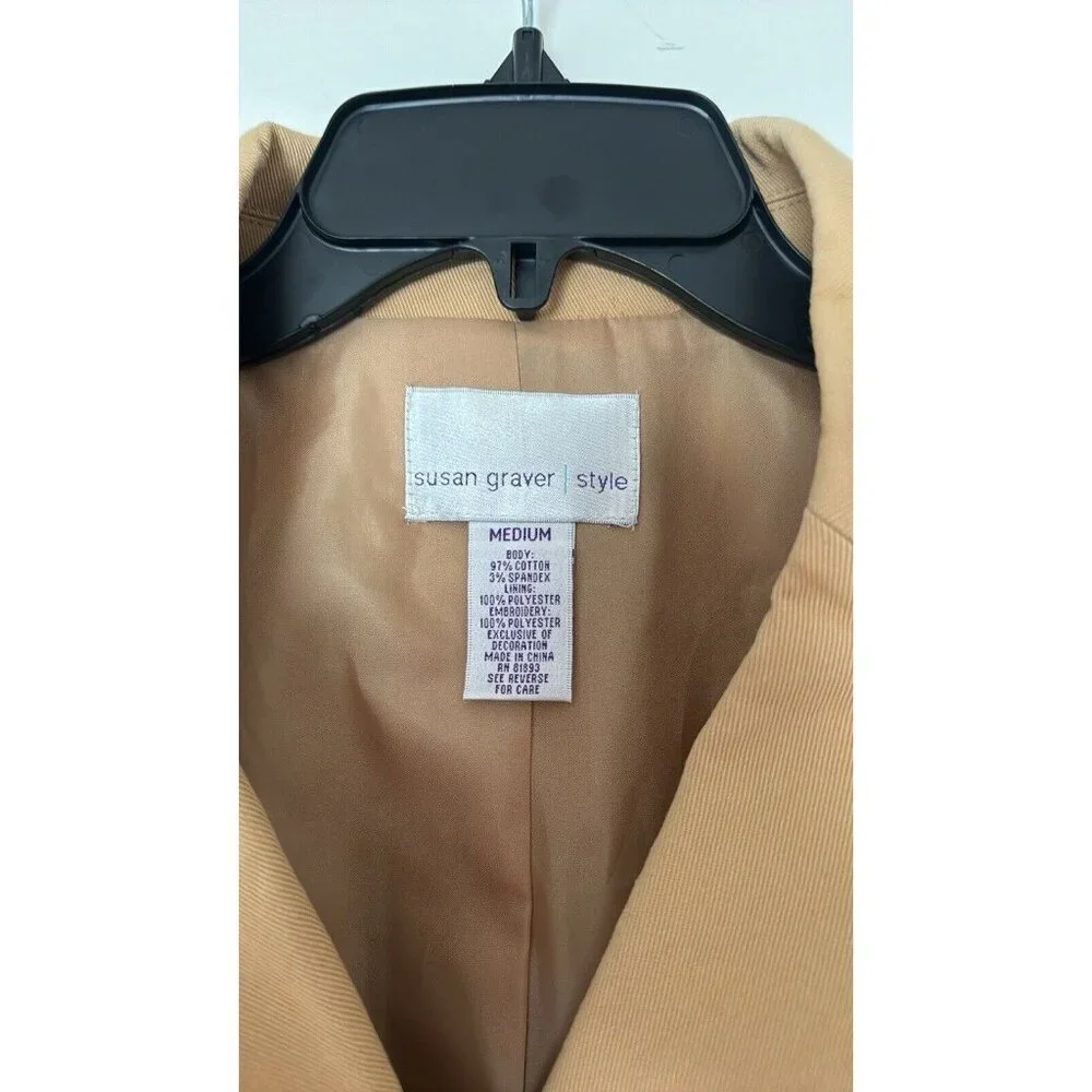 Susan Graves Long Sleeve Tan Floral Embroidered Lined Blazer Jacket Medium - Picture 2 of 7